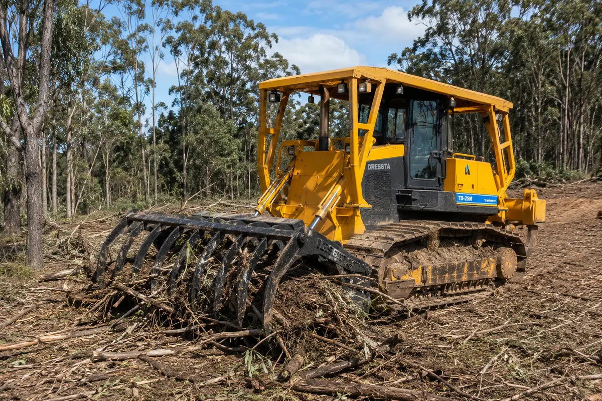 Stick raking to finish the ground after tree clearing on a Queensland property